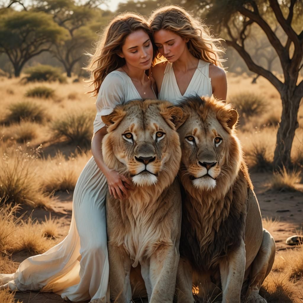 Woman and Lion in Golden Light, Hyperrealistic