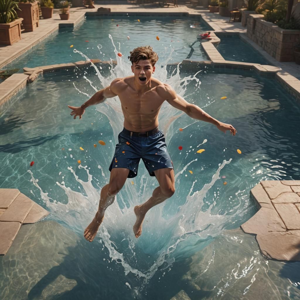 Man Jumping from Pool: Detailed Matte Painting