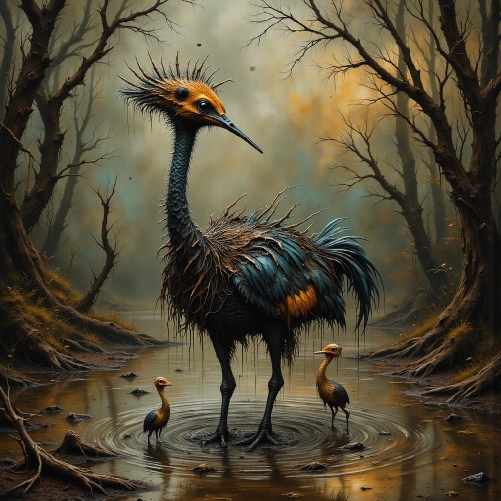 Surreal Bio-Mechanical Ostrich in Swamp