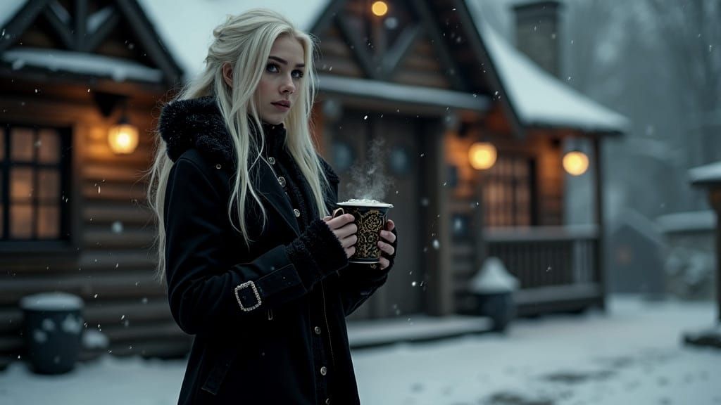 Gothic Woman with Hot Drink in Snowy Tavern