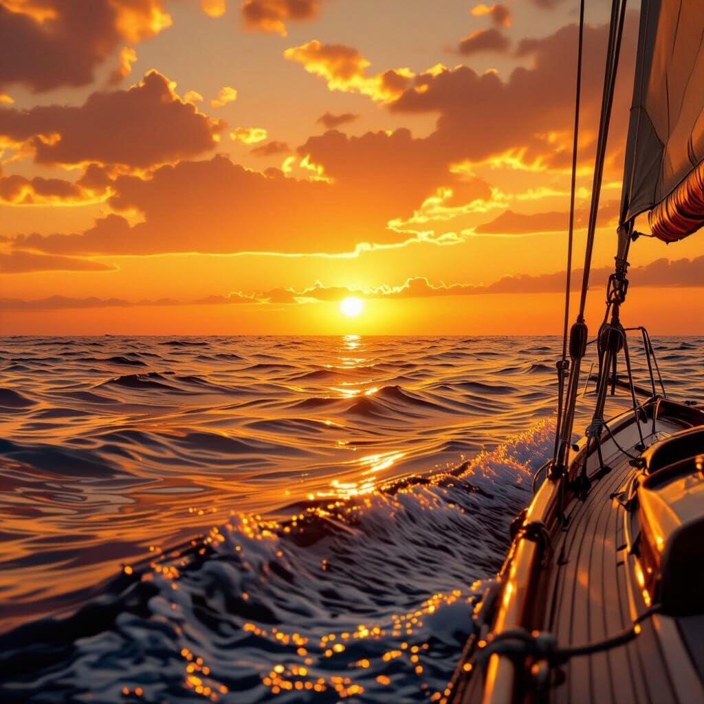 Golden Sunset Over Ocean with Sailboat, Radiant Atmosphere