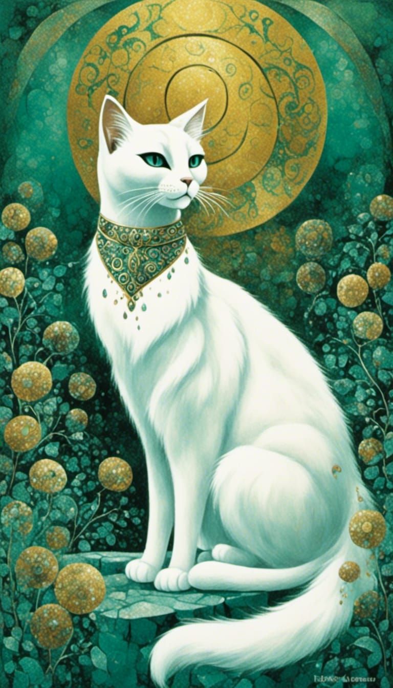 <lora:Feline Folk:1.0> a sleek white cat sitting in a garden.Golden swirl of teal ornate background.The Cat is wearing o...