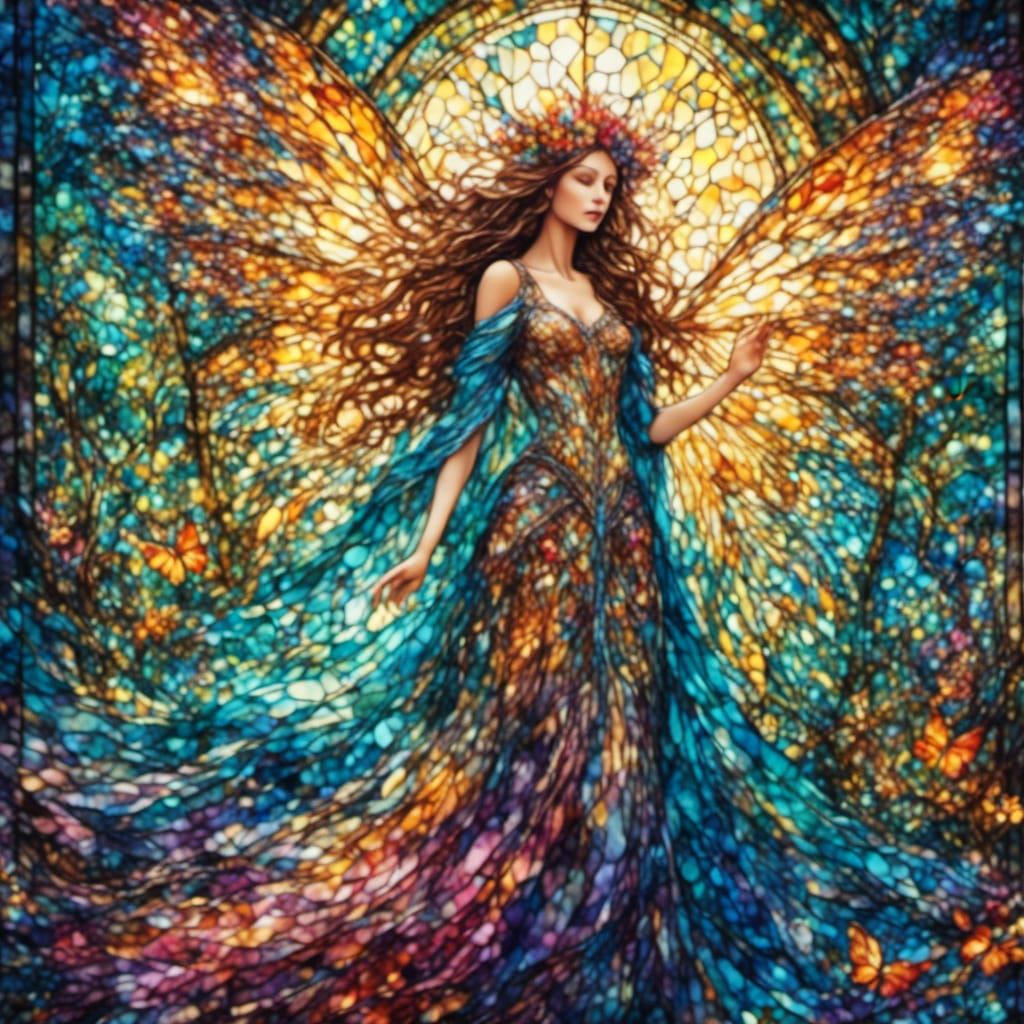 Stained Glass Fairy Queen in a Vibrant Garden