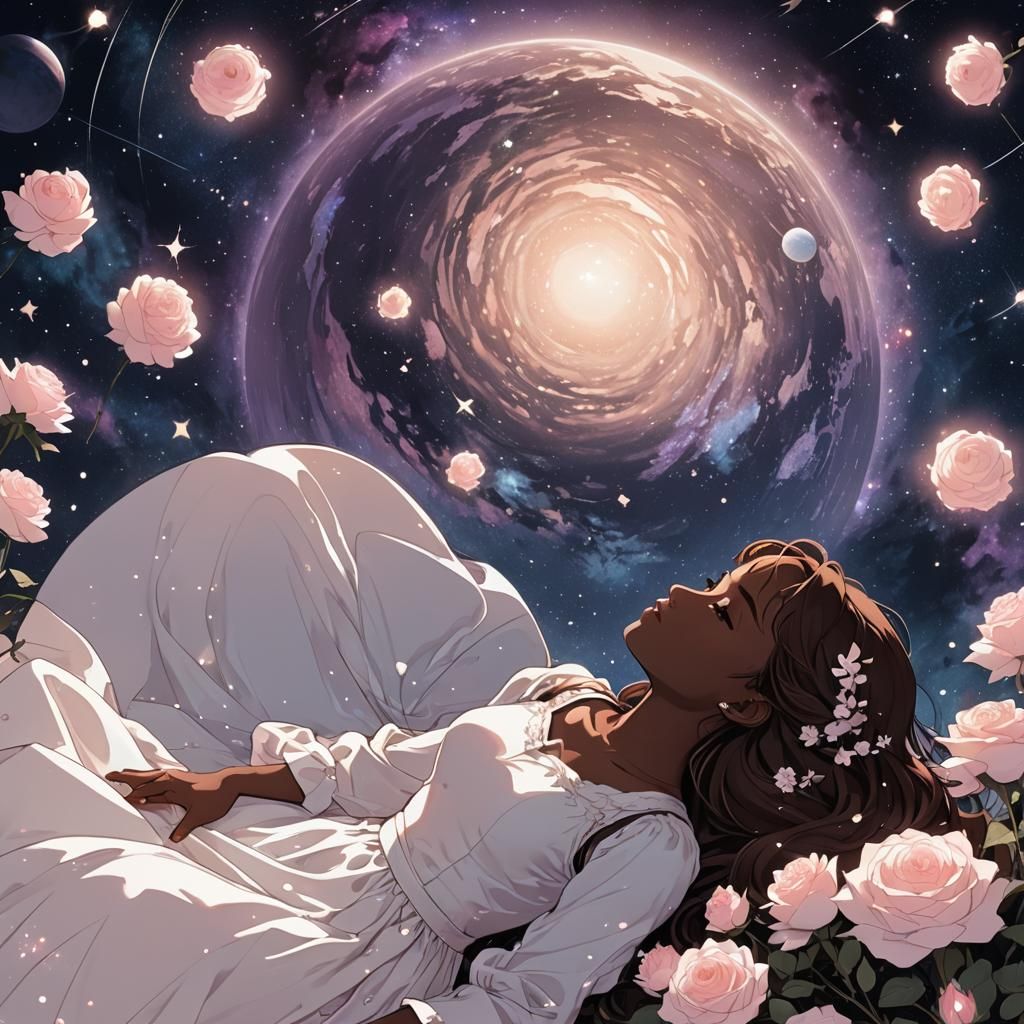 Anime Girl in Space with Roses and Stars