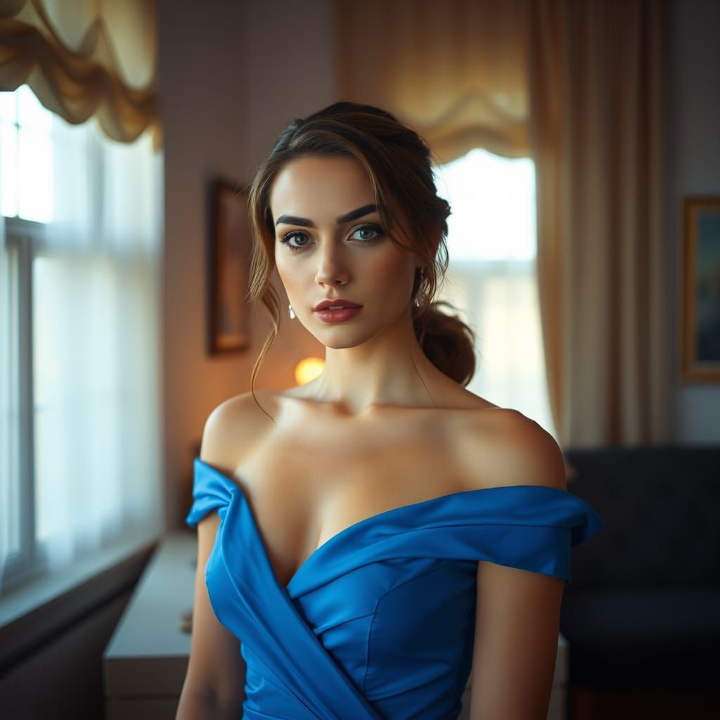 Elegant Woman in Blue Dress, Hyperrealistic Cinematic Style