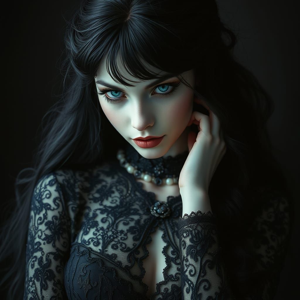 Ethereal Victorian Gothic Goddess in Dark, Mystical Opulence