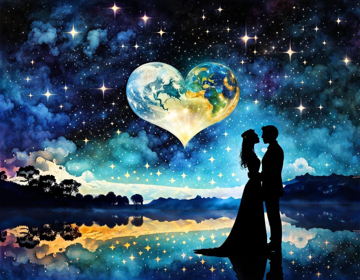 Romantic Wedding Silhouette in Dreamlike Watercolor Art