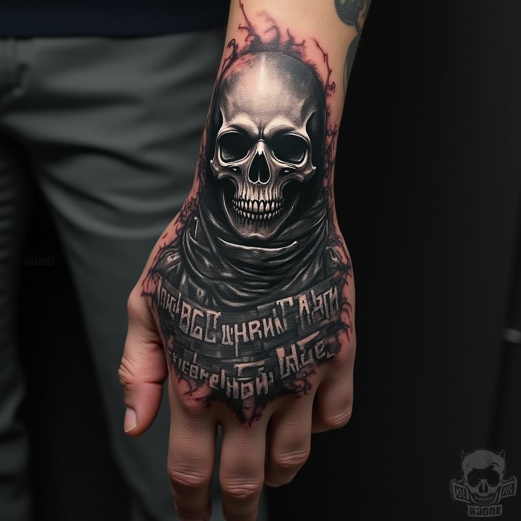 Hyperrealistic Ghost Tattoo Design with Ukrainian Military H...