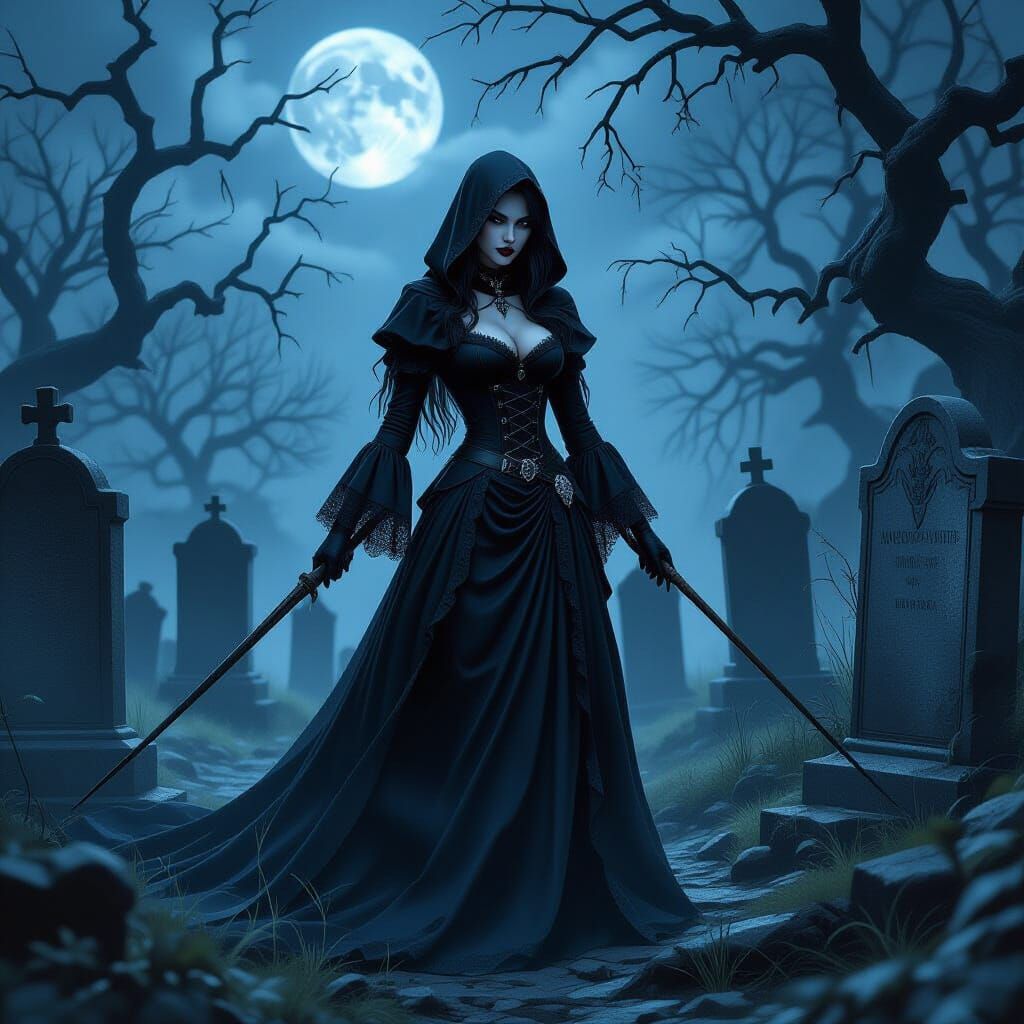 Gothic Vampire Hunter in Mist-Shrouded Graveyard