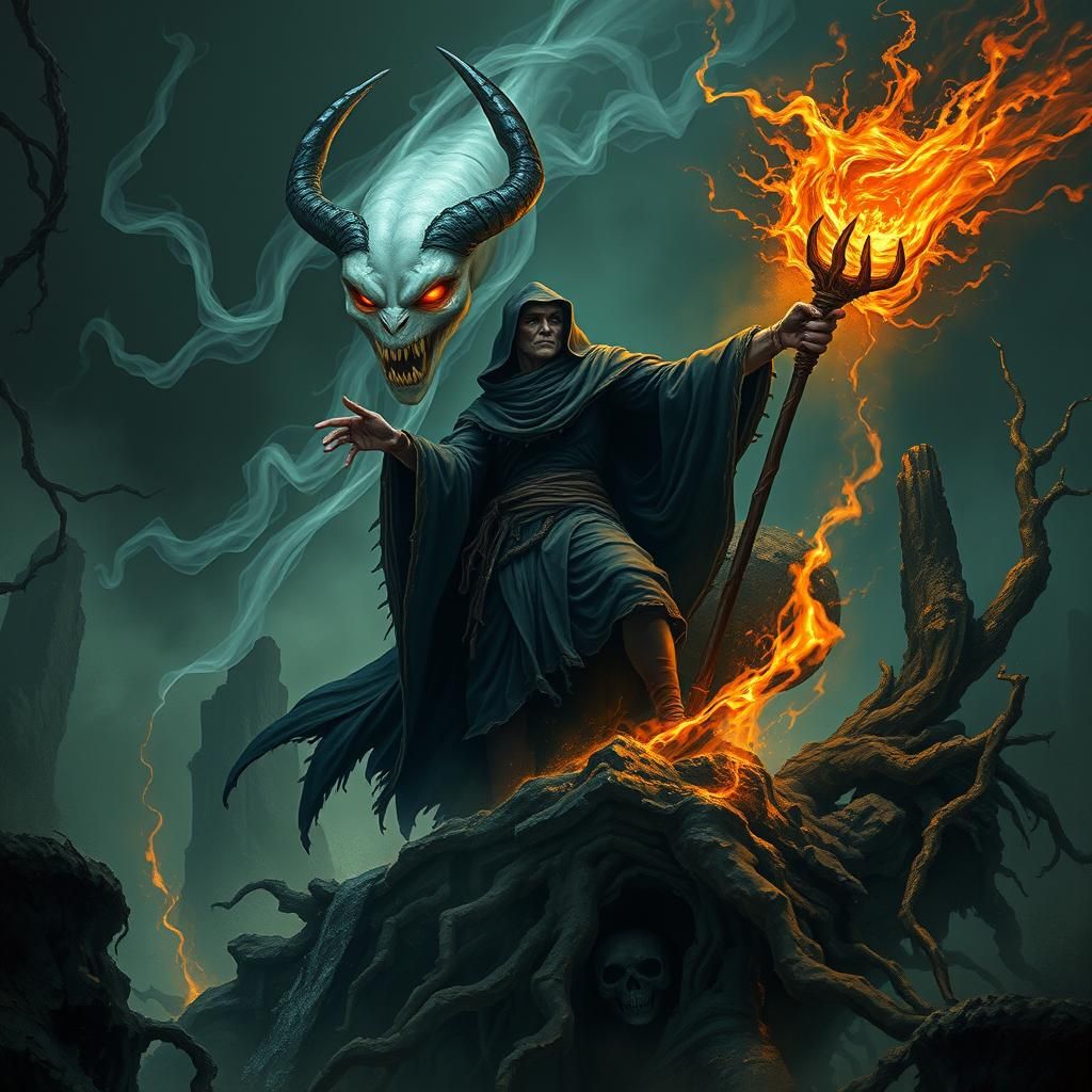 Prompt: A ghostly demonic head floating above an evil sorcer...