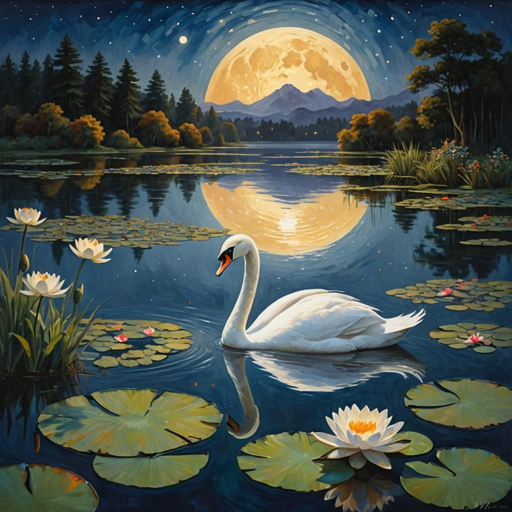 Swan Glides Under Moonlit Sky: Dreamy Ethereal Landscape