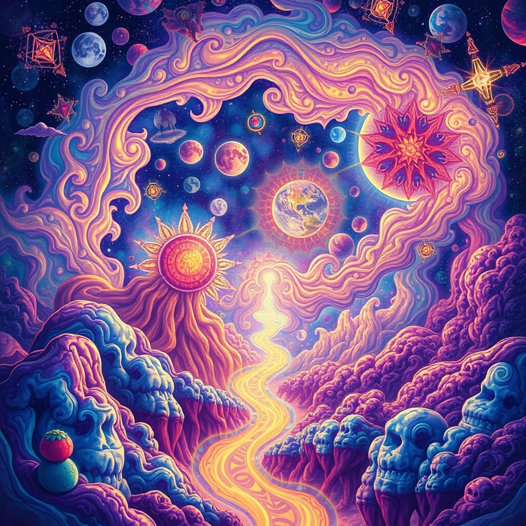 Cosmic Dreamscapes in Vibrant Holographic Style