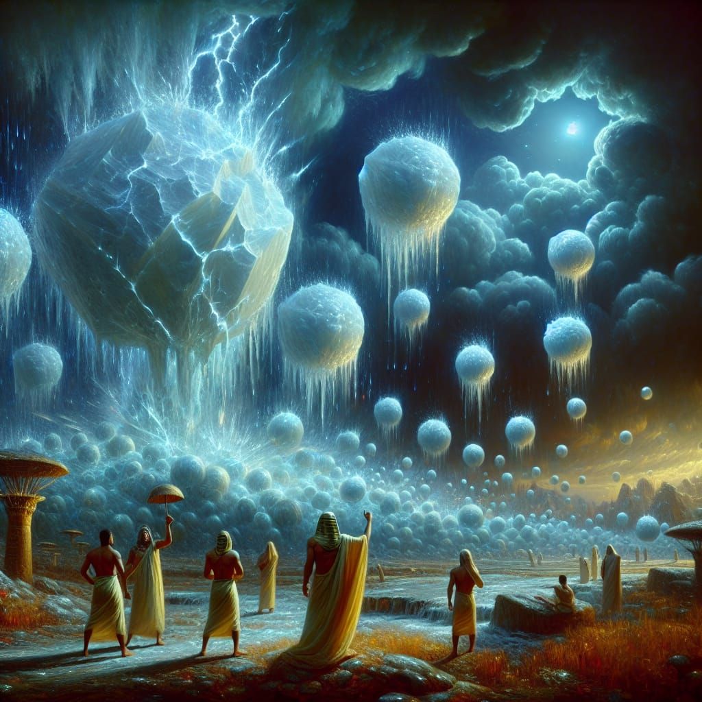 Surreal Hailstorm in Ancient Egypt: A Fantastical Painting