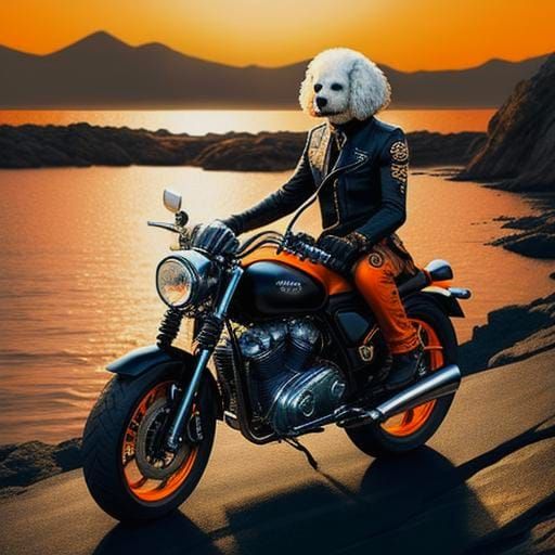 Poodle in Leather at Sunset: Hyperrealistic Splash Art