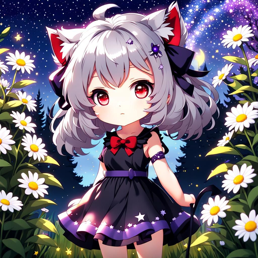 Chibi Anime Catgirl in Starry Night, Kawaii Style
