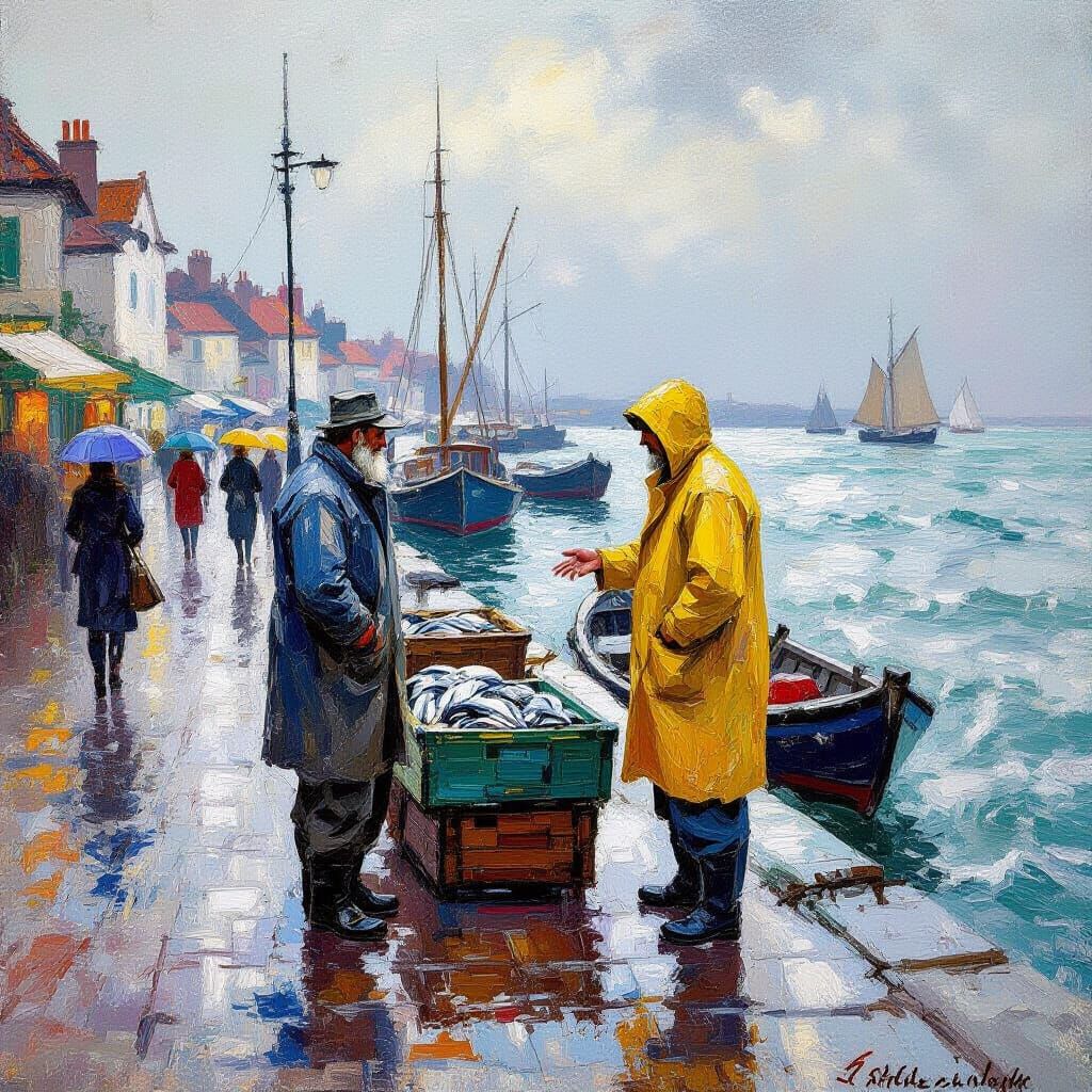 Impressionist Fisherman Sells Fish in Rainy Village