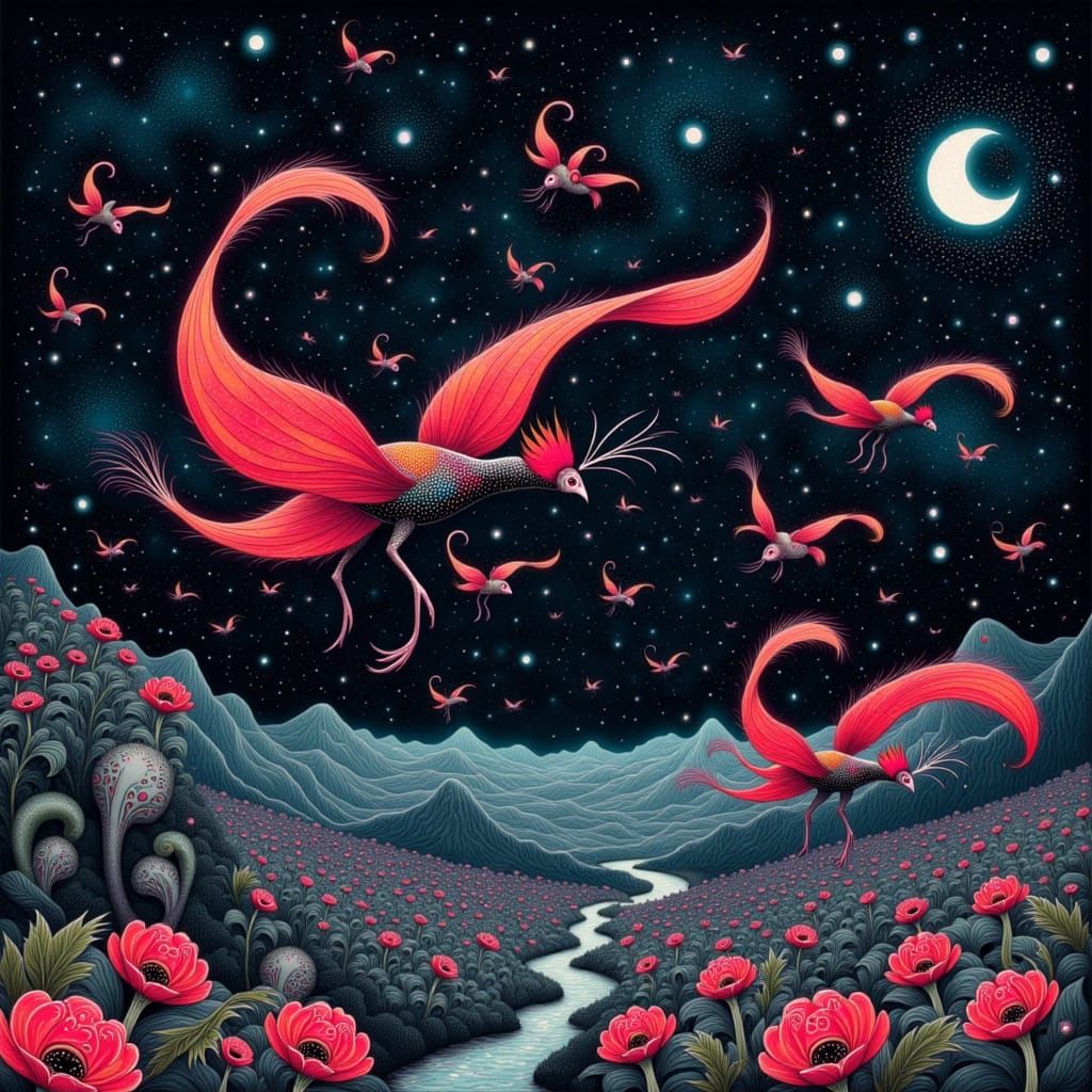 Red Pheasant Tails Over Ancient Japan