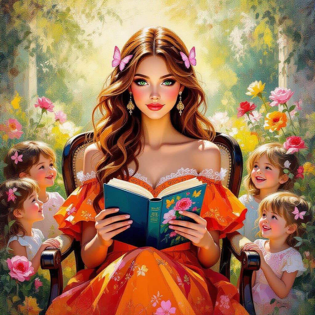 Ethereal Woman Reading in Serene Garden Impasto Painting