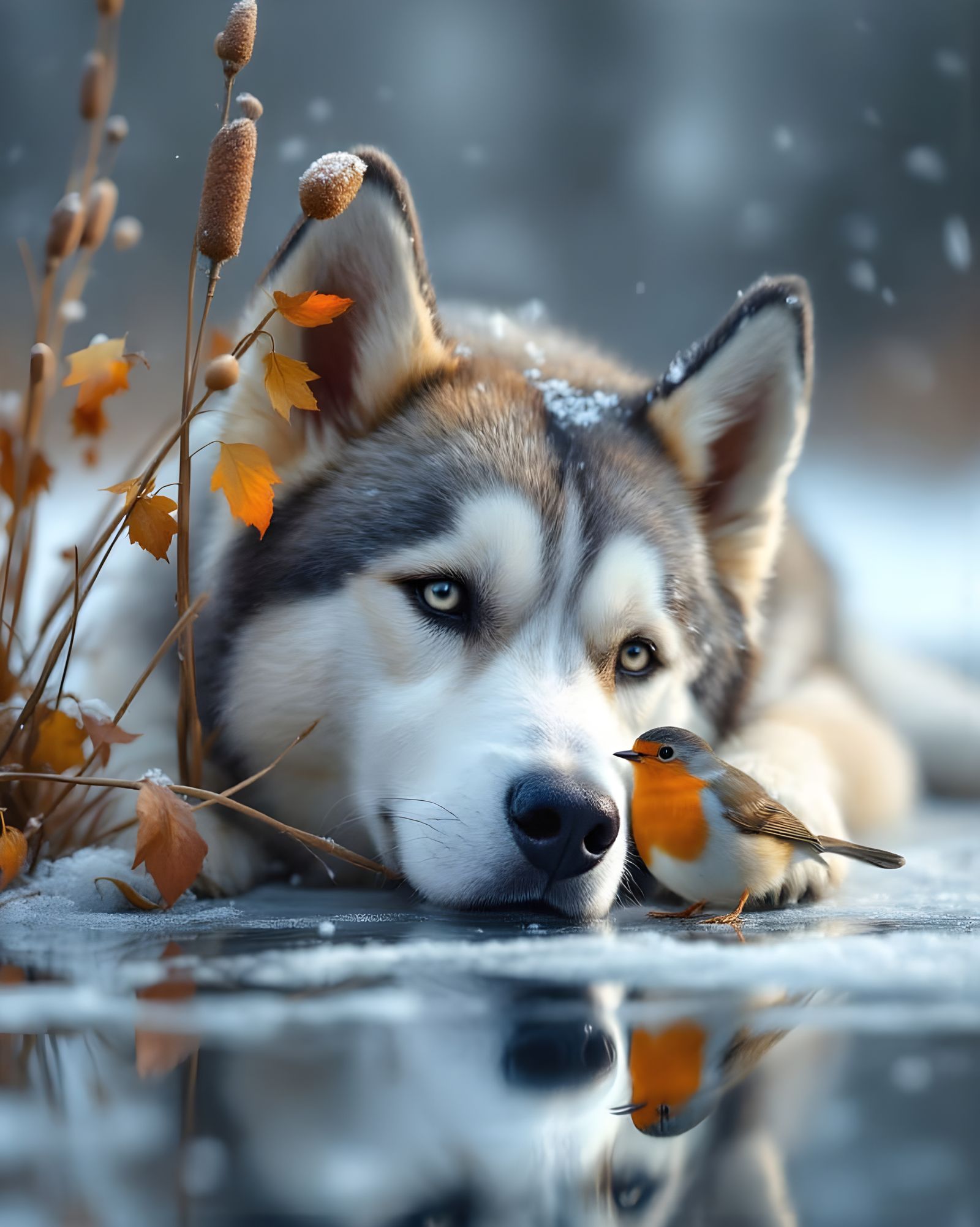 Husky and Robin on Icy Lake in Digital Art Style