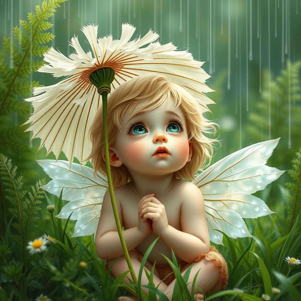 Ethereal Child in Emerald Meadow Gazing at Rain