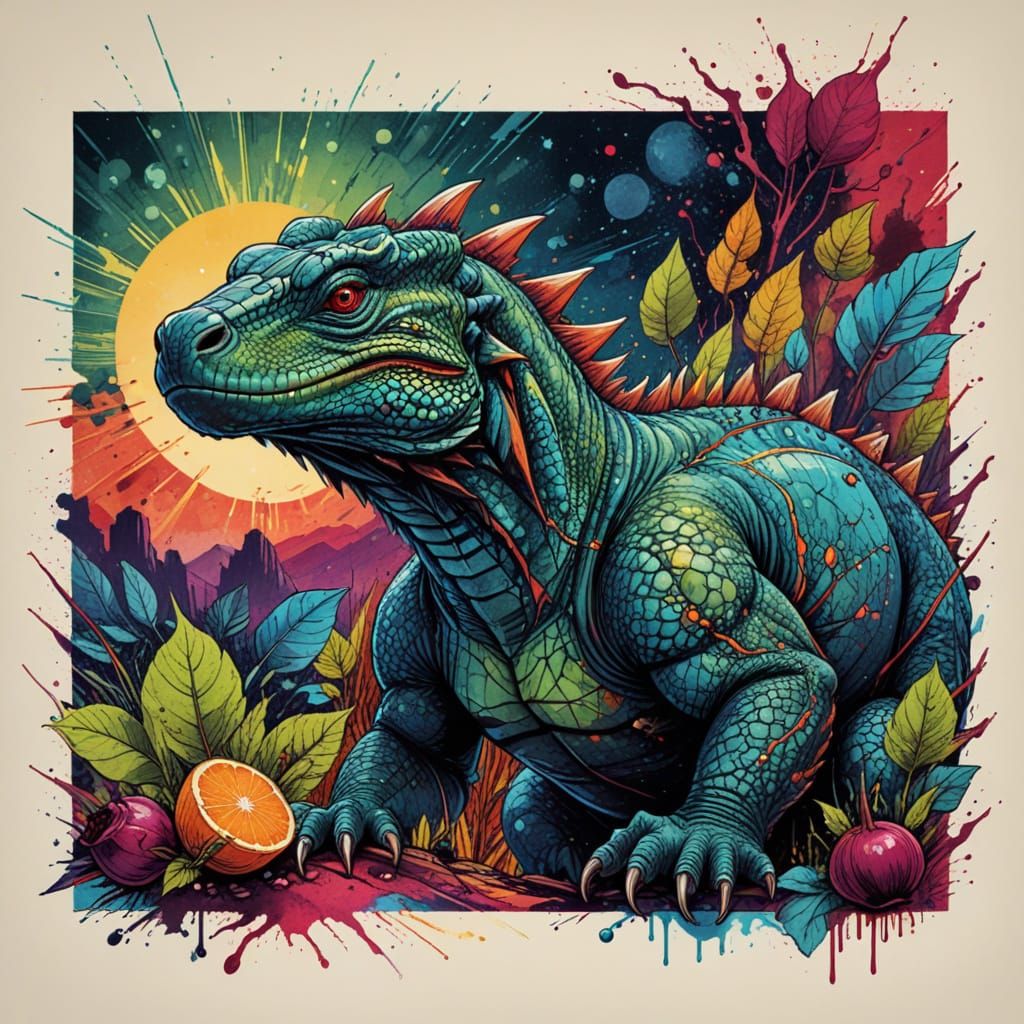 Vibrant Komodo Dragon in Retro Futuristic Comic Book Style