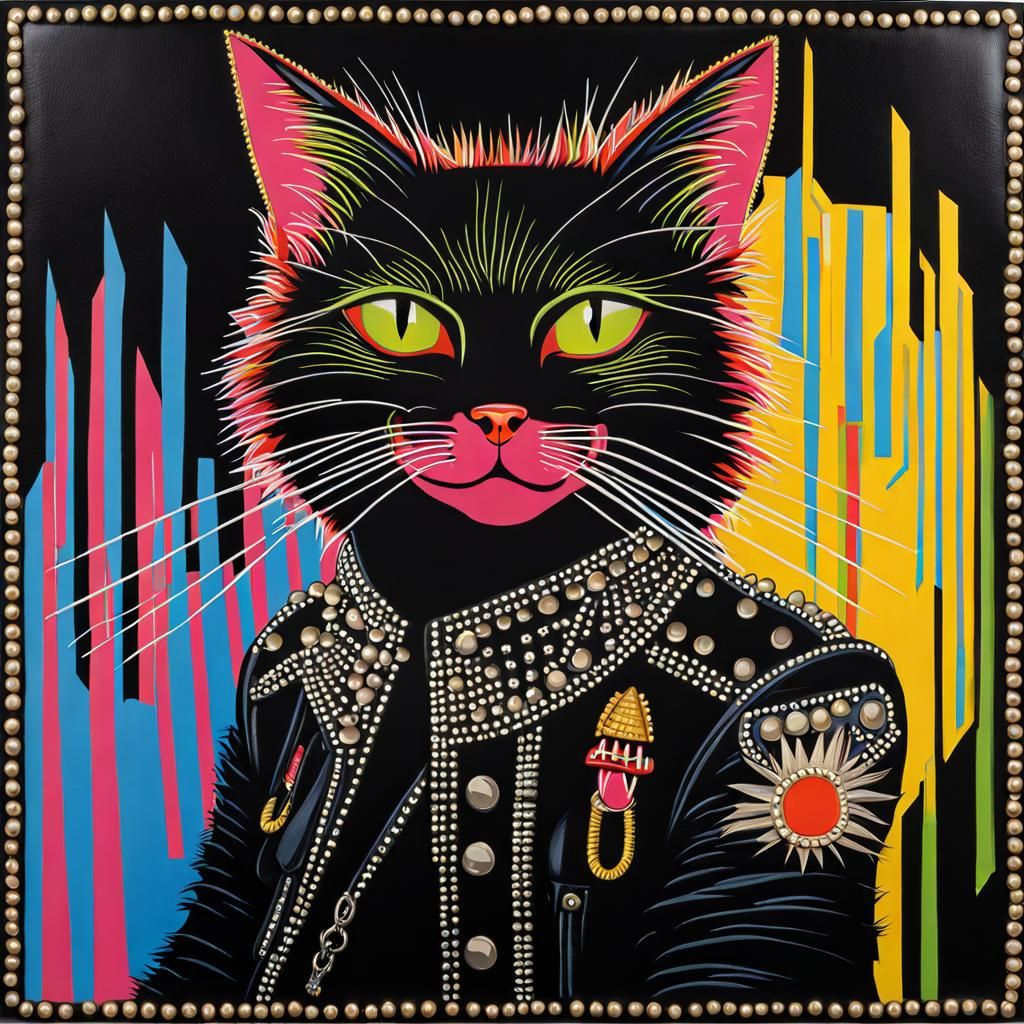Punk Rock Cat Portrait in Basquiat Style