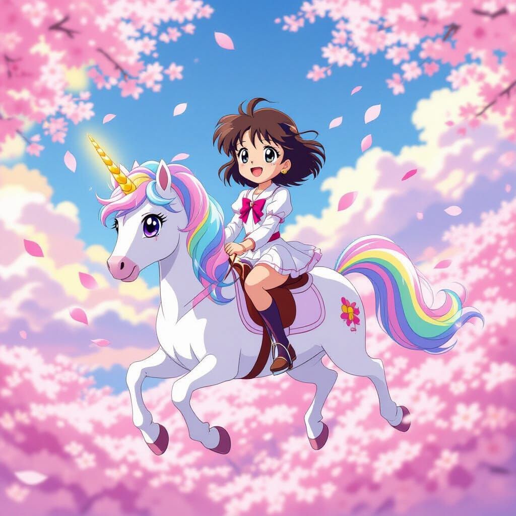 Sakura Rides a Rainbow Unicorn Through Cherry Blossom Skies