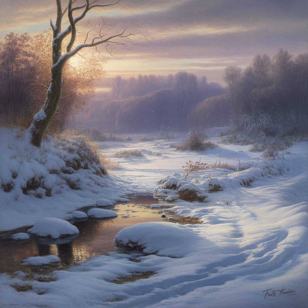 Snowy Winter Sunrise Landscape Oil Painting