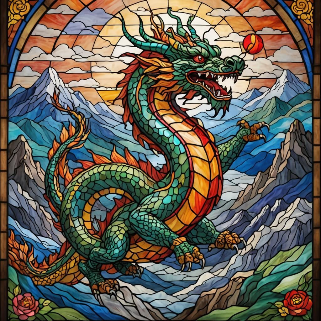 Stained Glass Chinese Dragon Flying Over Mountains