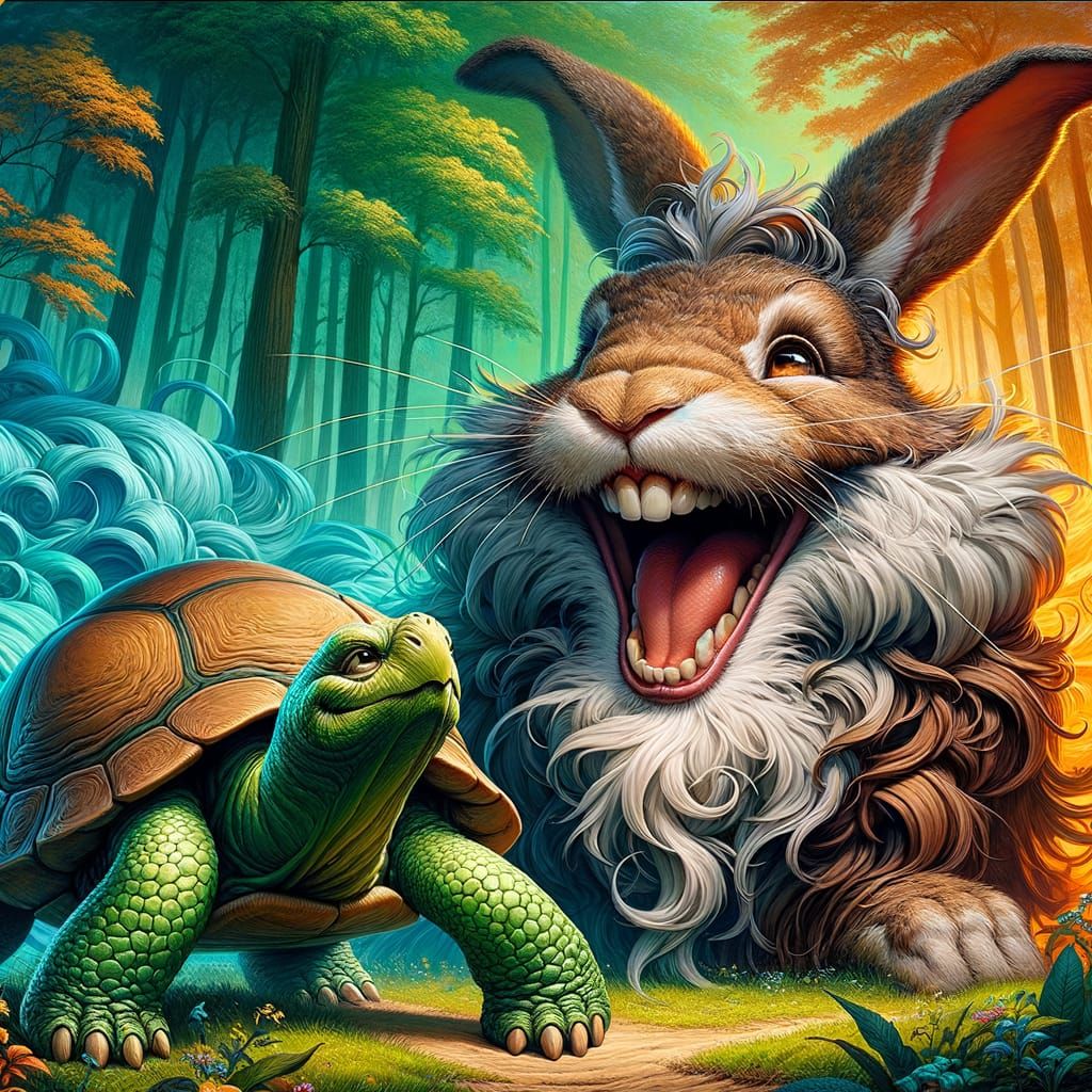 Rabbit Laughs at Turtle in Vibrant Forest Clearing, Storyboo...