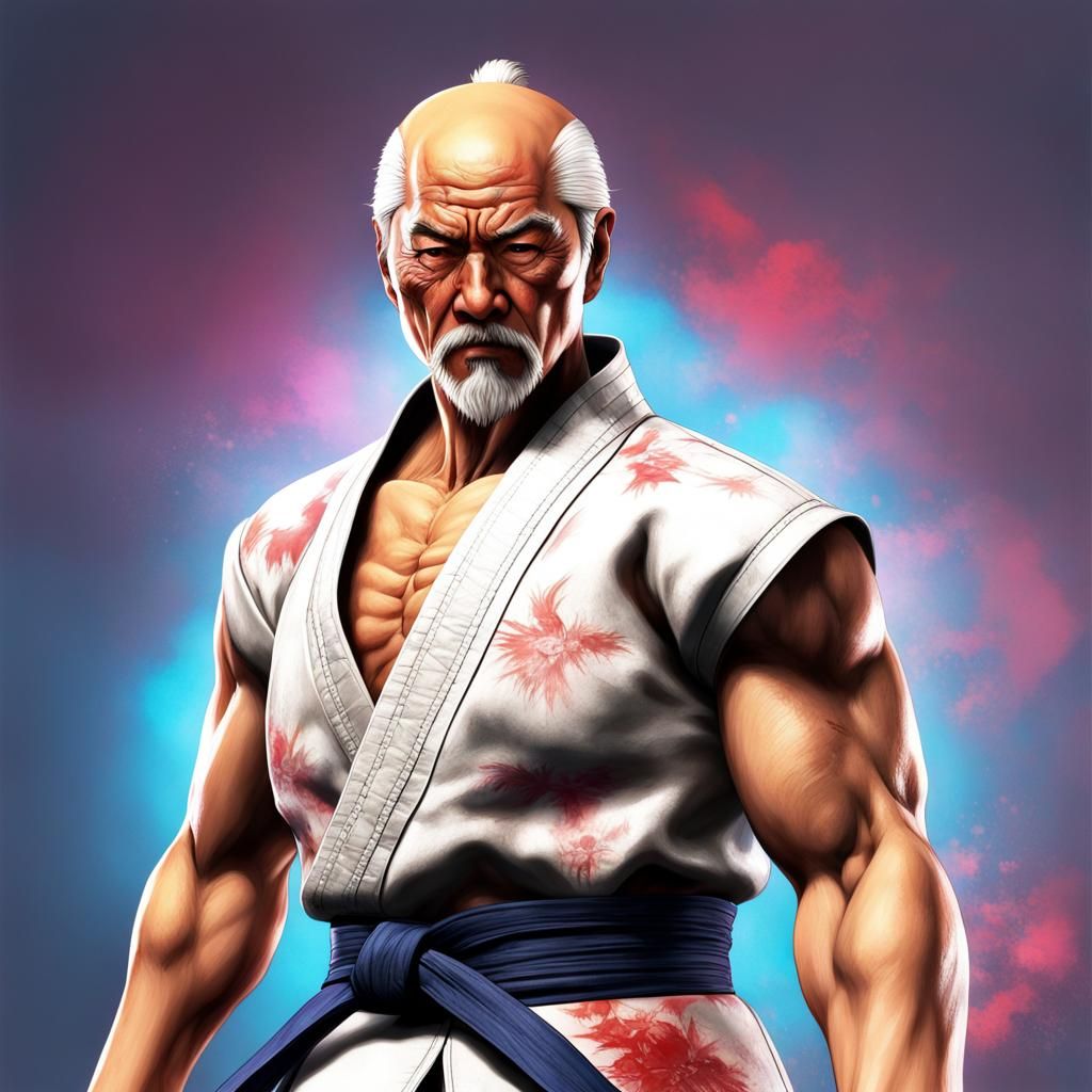 Mr. Miyagi as Tekken Character: Hyperrealistic Splash Art