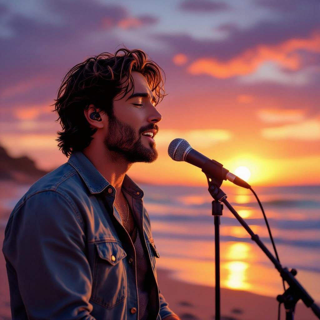 Man Singing on Beach at Sunset in Painterly Style
