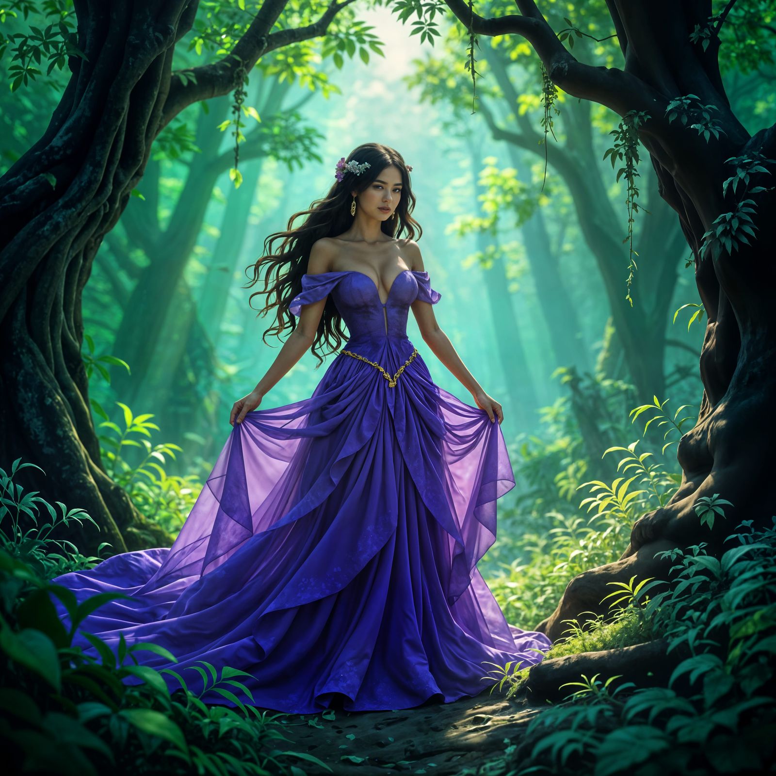 Forest Goddess in Purple Fishnet Dress Presiding Over Hidden...
