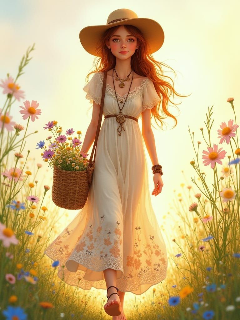 Sunlit Meadow Maiden in Watercolor Whimsy