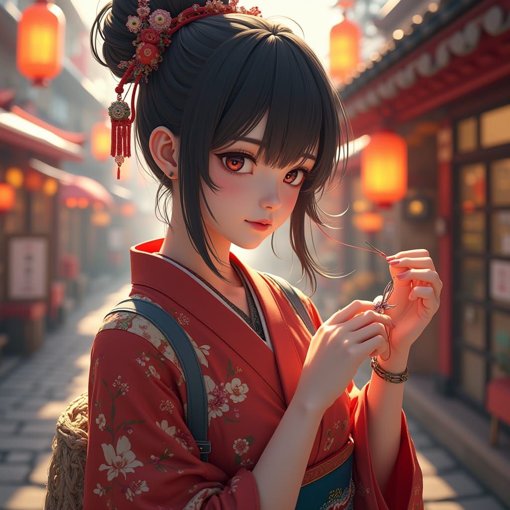 Traditional Japanese Seamstress in Vibrant Pleasure District