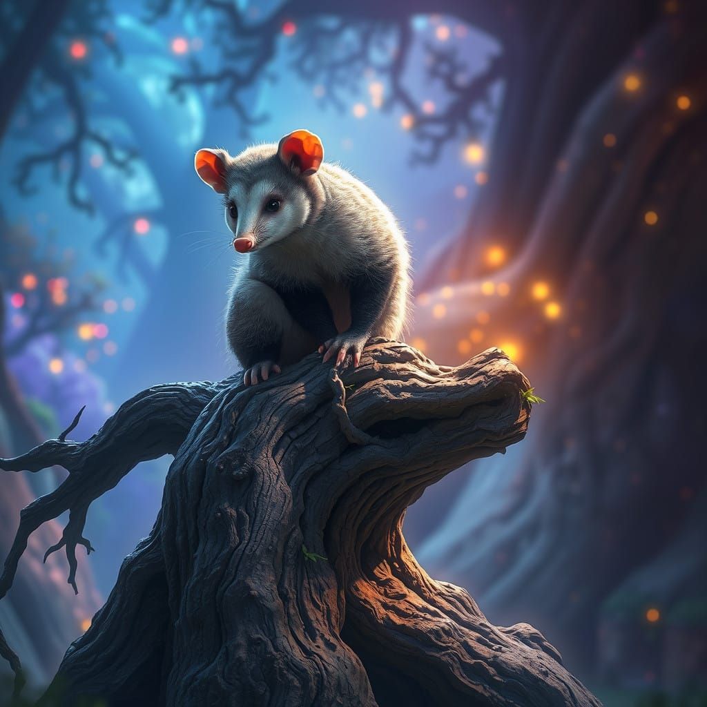 Majestic Opossum in Whimsical Primeval Forest