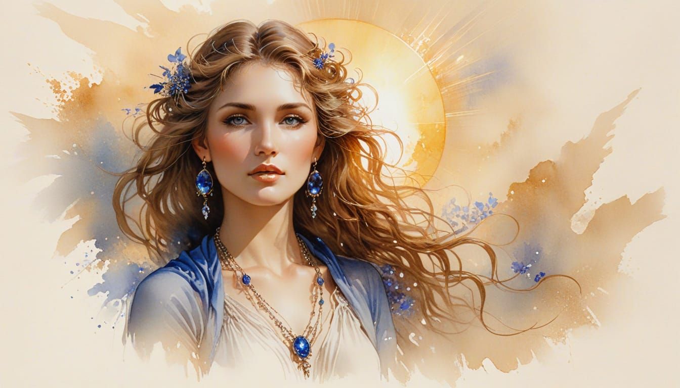 Elegant Woman Portrait with Sapphire Jewelry in Watercolor S...