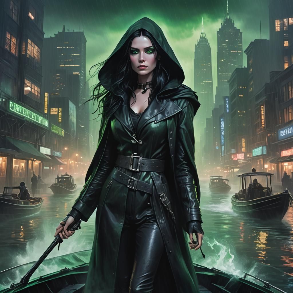 Cyberpunk Charon Guiding Souls on River Styx