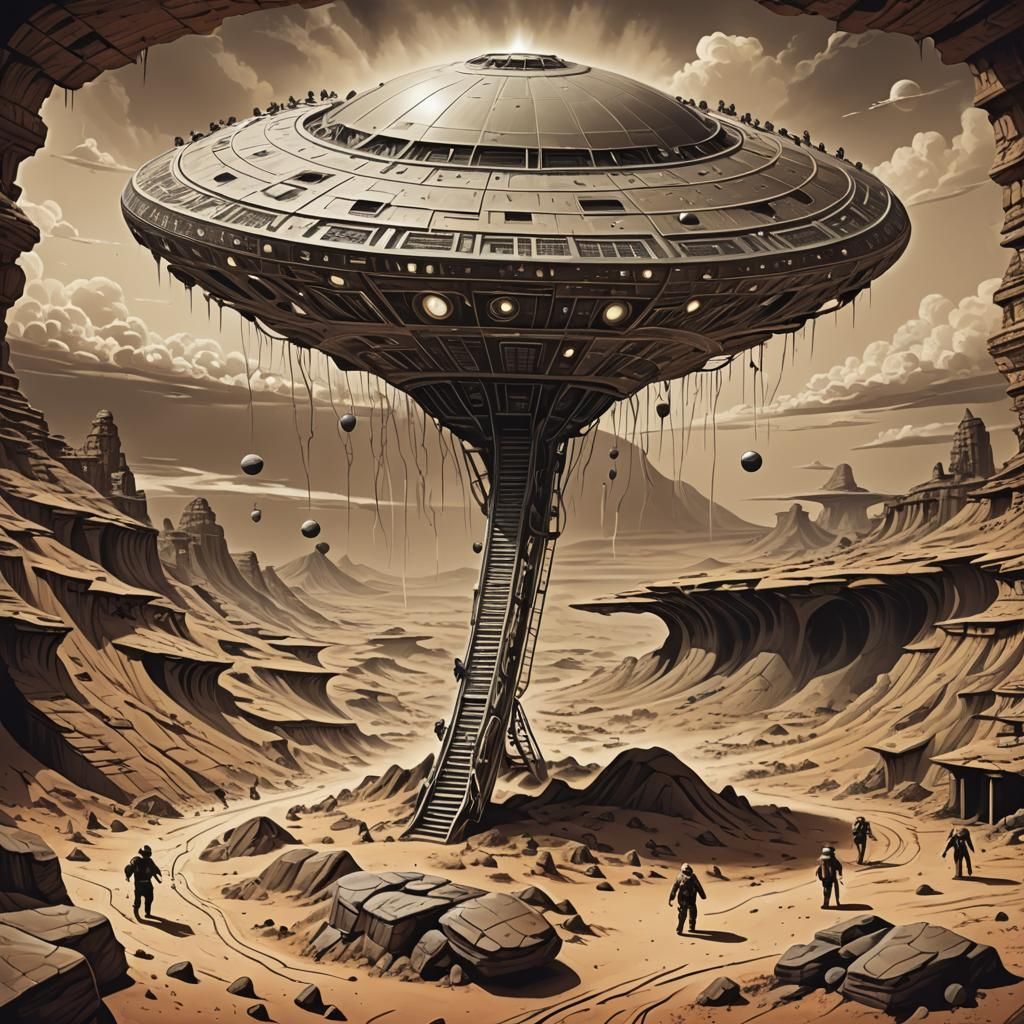 Giant UFO Landing in Desert, Frazetta Style
