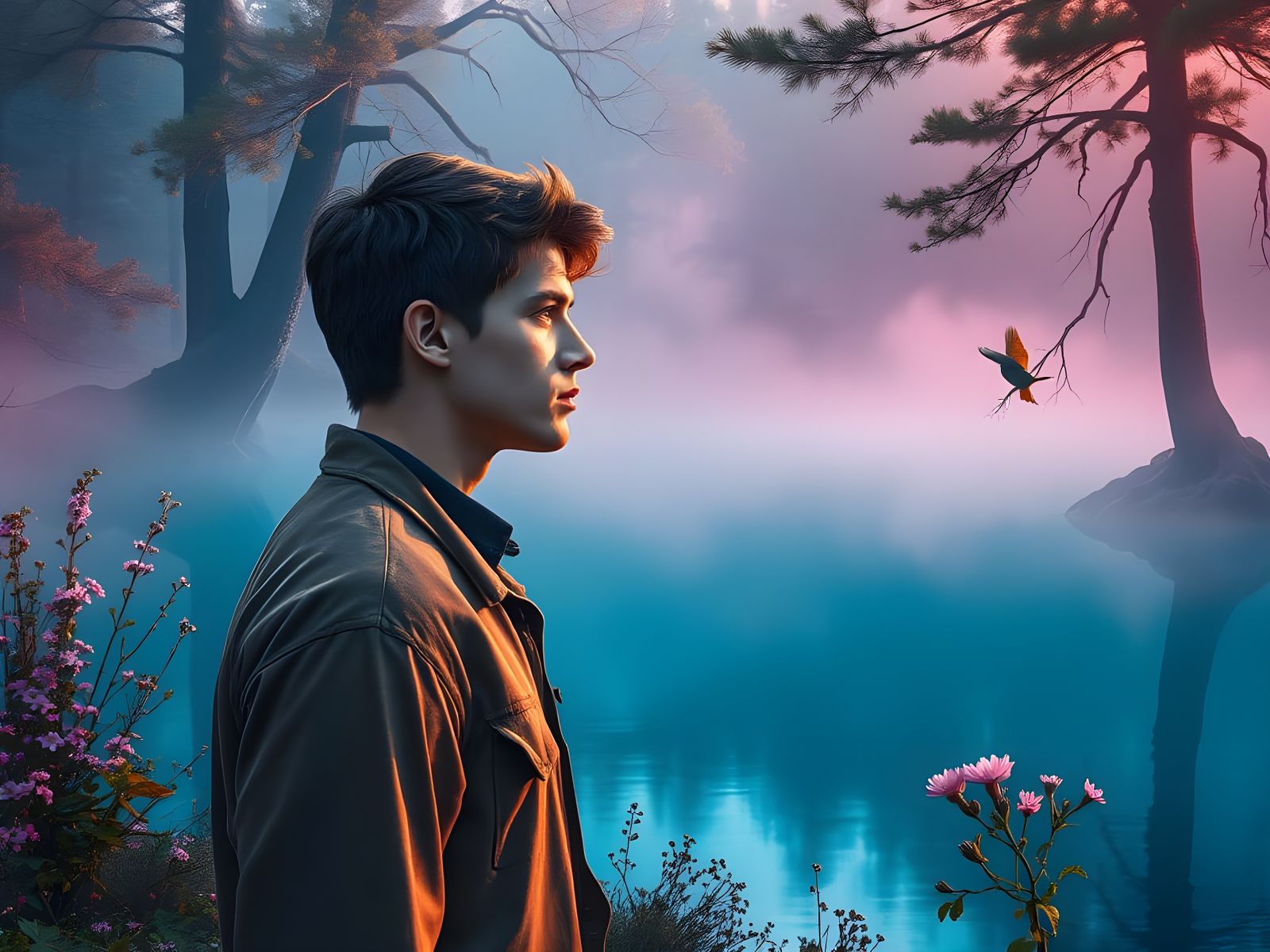 Ethereal Blue Lake in Whimsical Forest, Pink Fog