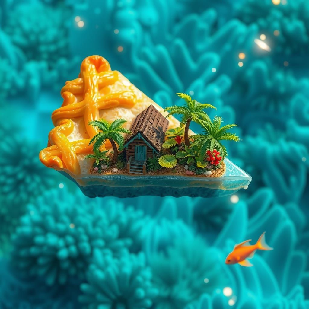 Tropical Island Pie Slice in Dreamlike Scene