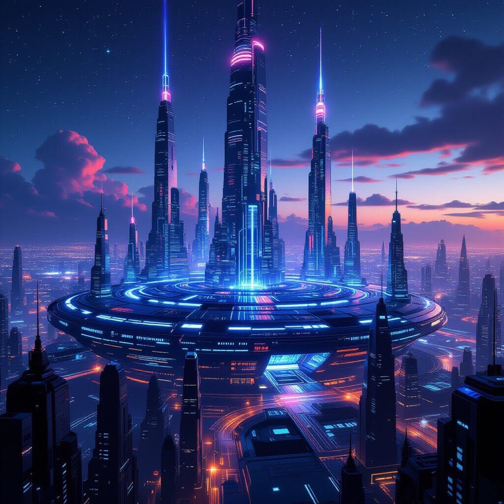 Futuristic Circular City With Glowing Monuments