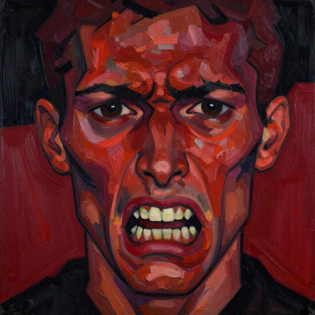 Face Contorted in Silent Rage: Expressionist Portrait