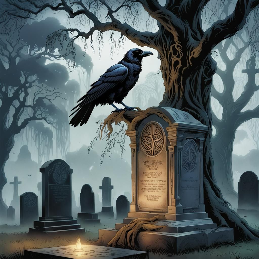 Glowing Raven on Celtic Headstone, Comic Art