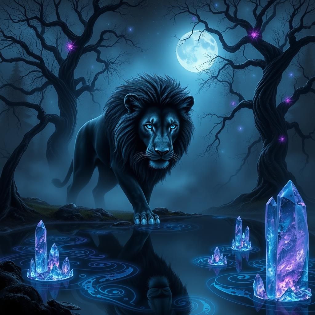 Mystical Black Lion in Enchanted Forest