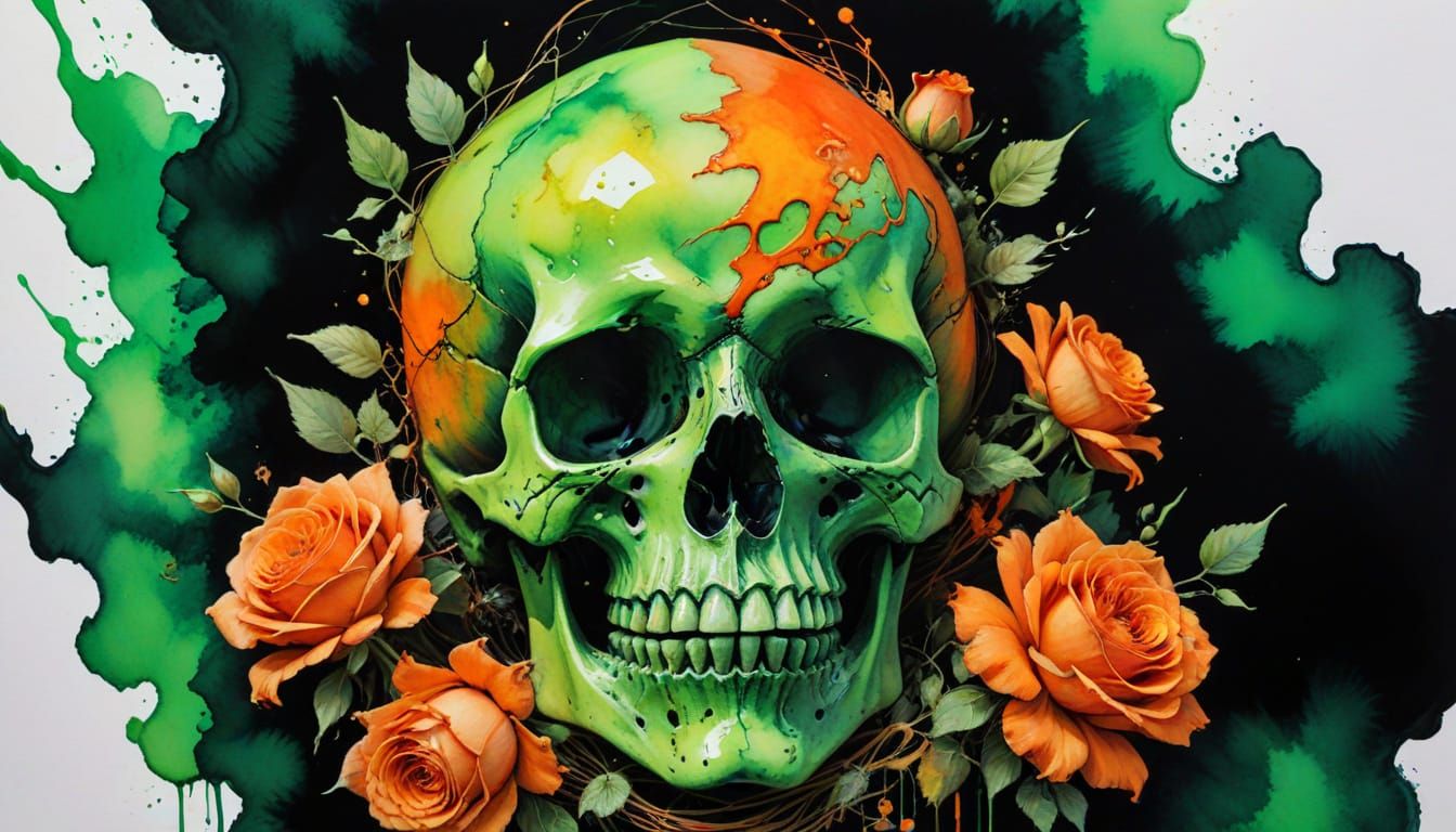 Watercolor Vanitas in Neon Green and Orange