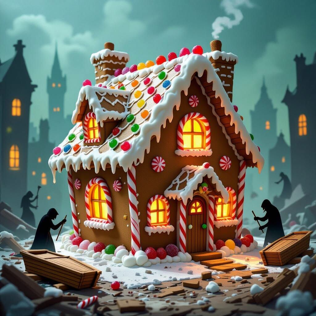 Cozy Gingerbread House Amidst Crumbling Cityscape