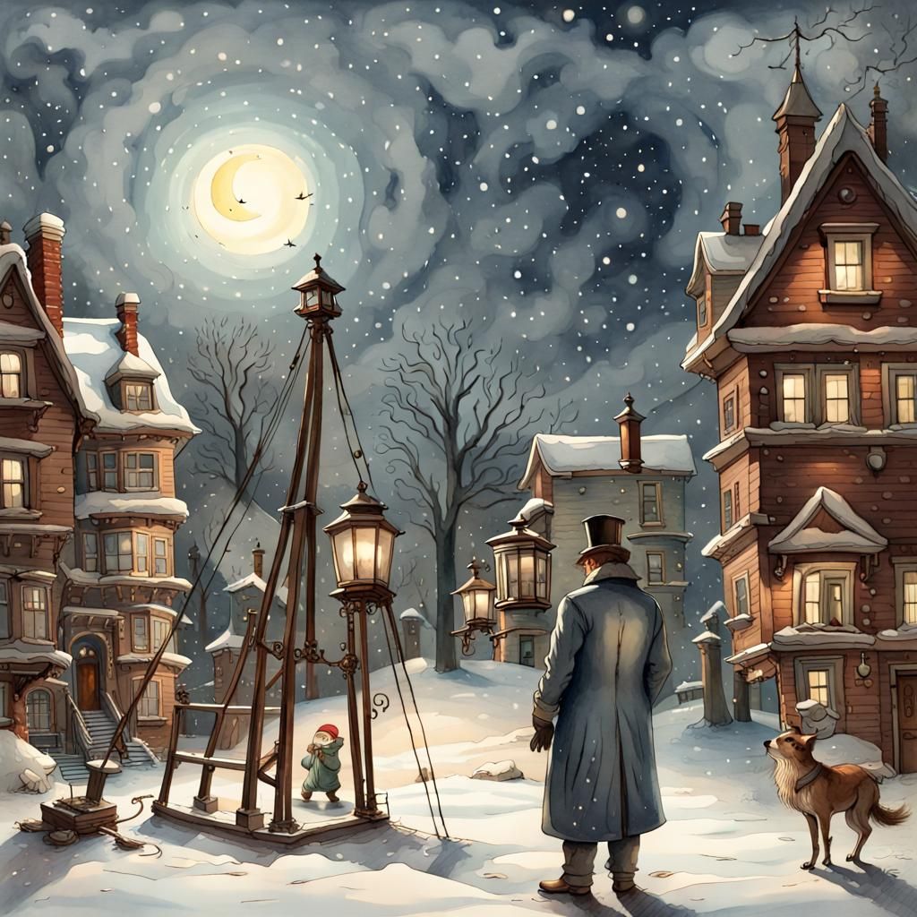 Confused Man and Catapult in Gouache Watercolor