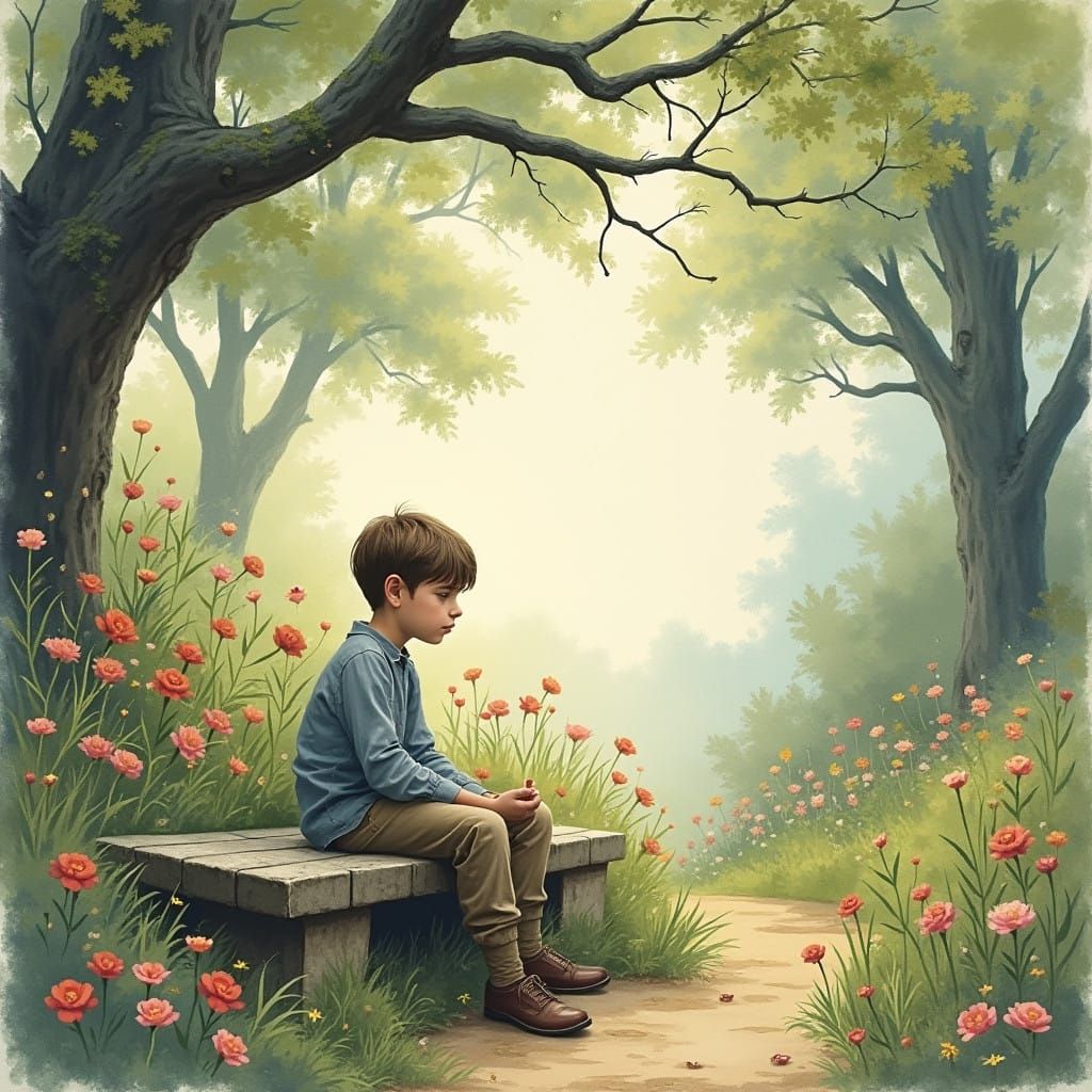 Serene Boy Contemplates in a Lush Garden Scene