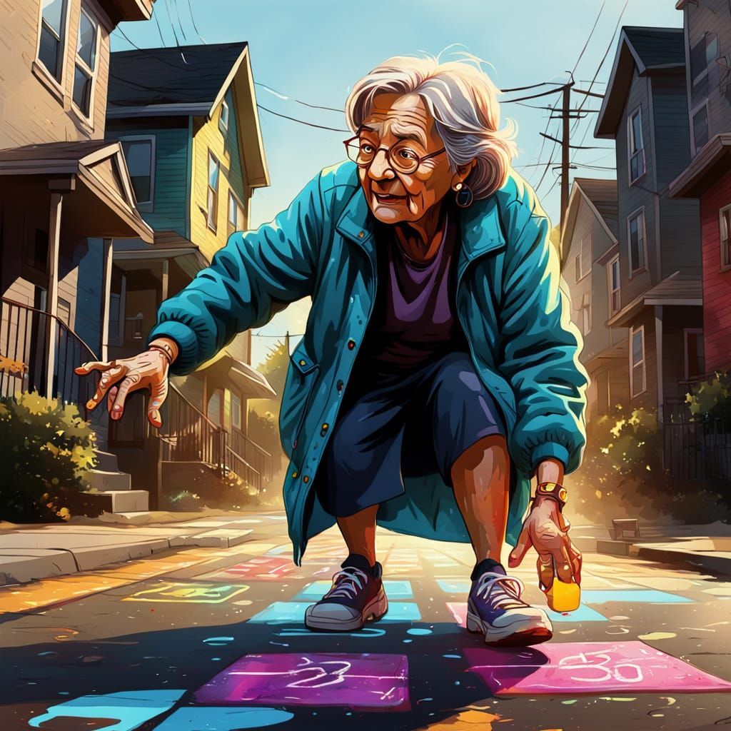 Cartoon-Style Woman Plays Hopscotch with Graffiti Art